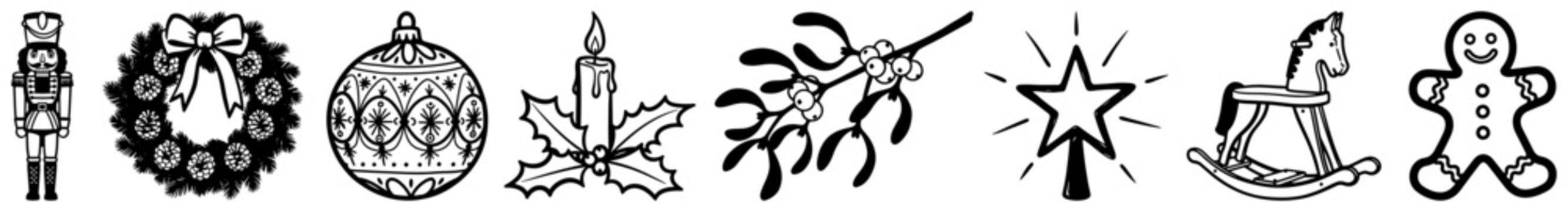 Row of traditional Christmas symbols and icons including nutcracker wreath and rocking horse vector illustration black and white
