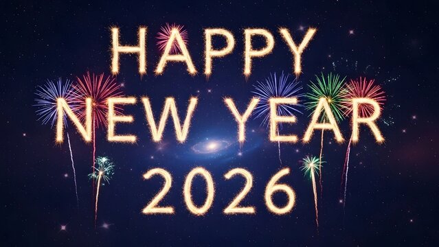 A vibrant "Happy New Year 2026" message in glowing gold letters against a dark starry sky with colorful fireworks exploding.