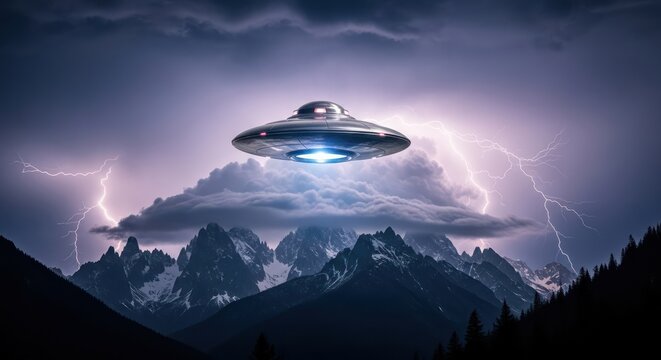 Mysterious encounter over the mountain range with a ufo during a lightning storm - Powered by Adobe
