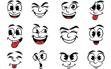 Happy faces expressions. Funny mouthed and eyes emotions, face sketch cartoon caricatures joy design elements kit. collection of cartoon faces with different expressions isolated on white background
