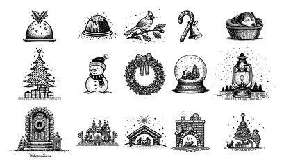 Big set of vintage hand drawn Christmas icons including wreath snowman and nativity scene dotwork engraving style vector illustrations