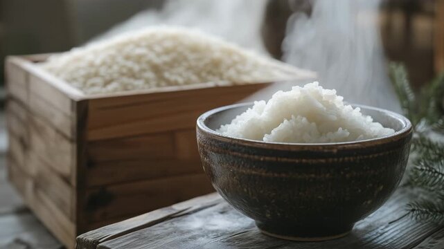 木の背景に炊きたてのご飯と米俵を配置した構図