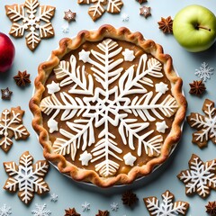 Decorative Snowflake Apple Pie Surrounded by Apples and Gingerbread Cookies