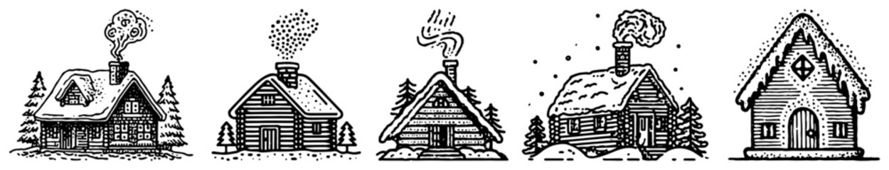 Fototapeta premium Row of winter log cabins with snowy roofs and smoking chimneys vector illustration black and white small houses set