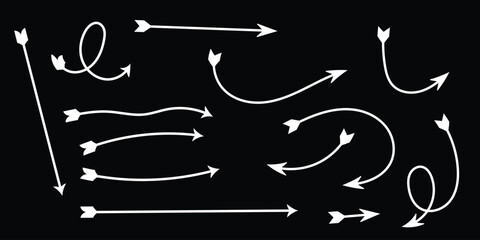 Hand-drawn white arrows set on black background | curved, straight, looping, doodle arrow collection for design and presentation