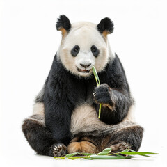 Obraz premium A giant panda sitting and eating bamboo on a seamless white studio background, high detail