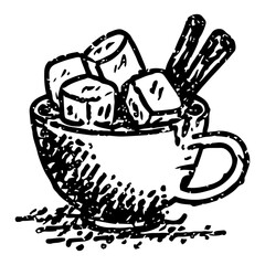 Cup of hot cocoa with marshmallows and cinnamon sticks hand drawn vector illustration black and white winter holiday drink