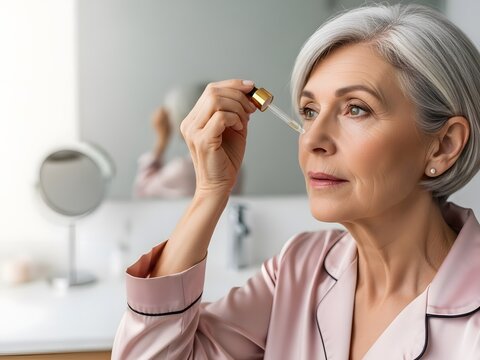 Elegant Senior Woman Applying Anti-Aging Serum with Dropper: Morning Skincare Routine
