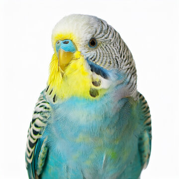 A bird parrotlet or parakeet perched forward on a bright white backdrop, detailed feathers, cute bird for education