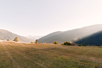 Fototapeta premium Meadow valley mountains grass landscape hills countryside rural scenery with open field, scattered trees and distant village under soft morning light and clear sky.
