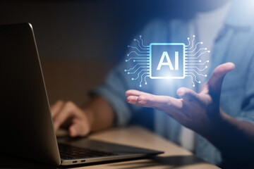 AI assistant technology concept with businessman presenting digital interface, representing artificial intelligence, chatbot interaction, generative AI, machine learning, and smart automation.