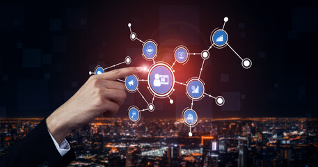 Captivating image illustrating a hand pointing at digital business symbols set against a vibrant urban skyline, showcasing technology impact on data and connectivity. Tessel