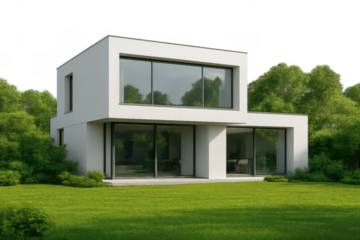 Modern minimalist house with large windows, white walls, and a flat roof, standing on a green lawn with trees, transparent background