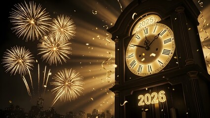 A grandfather clock counts down to midnight for the New Year 2026 celebration with golden fireworks and confetti.