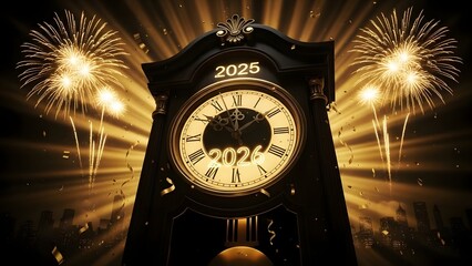 Grandfather clock showing 2026 on its face with golden fireworks and light rays celebrating New Year's Eve.