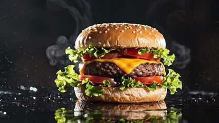 A delicious, juicy cheeseburger with fresh lettuce and tomato, served on a sesame seed bun with a smoky background