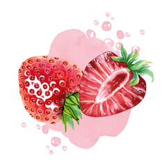 A red, juicy strawberry with a green leaf against a pink splash of strawberry juice or yogurt. A beautiful berry design. Summer red berries. Sweet ripe strawberry. Hand drawn watercolor illustration