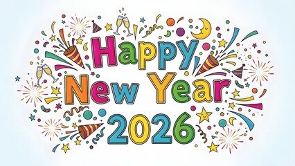 Happy New Year 2026 greeting with confetti and celebratory elements.