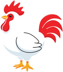 Cartoon rooster vector illustration with red comb, white feathers, orange legs, farm animal design for poultry, agriculture, rural themes.