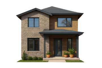 Modern suburban family house exterior design with mixed materials, transparent background, new residential building architecture