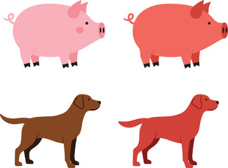 Cartoon pigs and dogs in vector style, colorful farm animals illustration for children’s education, pet icons, and design elements.