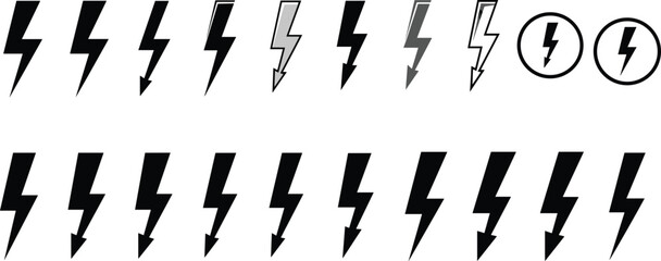 Lightning bolt icon set, electric symbol collection, thunder graphic design, power energy flash, storm vector elements, bold lightning illustrationsLightning 