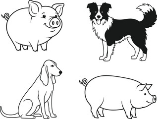 Cute farm pig and dog breed vector illustration set in black and white style for children, education, and design use.
