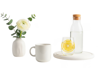 Still life arrangement with a vase of flowers mug and drink isolated on transparent background