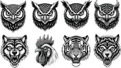 Set of Stylized Animal Heads Featuring Owl, Wolf, Rooster, and Tiger in Black and White Vector for Tattoo and Design Use