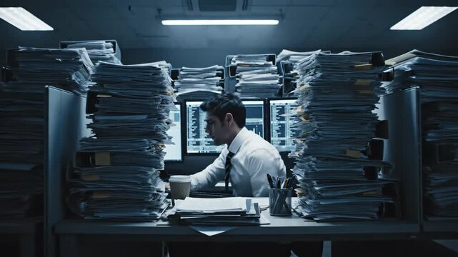 Overworked Businessman Sleeping at Desk Surrounded by Piles of Documents and Computer Screens.