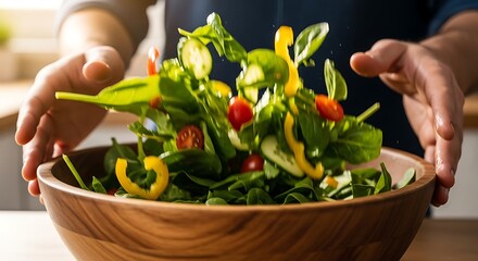 Tossing a vibrant mixed salad with fresh vegetables for healthy lifestyle
