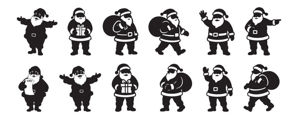 Black silhouette set of santa claus figures holding gifts, waving, and carrying bags. concept of christmas, festive season, holiday spirit, iconic character, design element