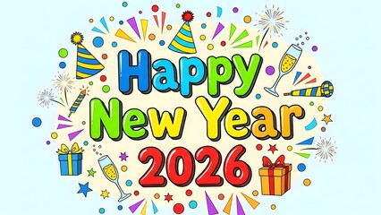 Colorful Happy New Year 2026 greeting card with festive party elements like confetti, hats, champagne, and gifts on a light blue background.