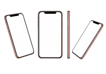 Three modern smartphones displayed at different angles isolated on transparent background