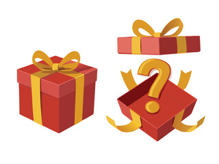 Red gift boxes with golden ribbons and a question mark, perfect for adding mystery and excitement to promotions, sales, and events transparent background