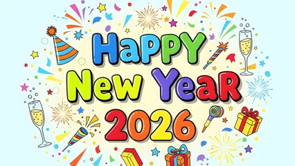 Happy New Year 2026 celebration with confetti, gifts, and champagne.