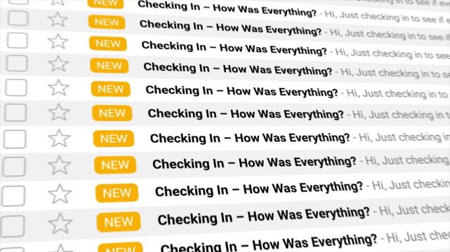 Checking In emails appear one after another in an animated inbox display. Perfect for themes of digital overload, communication, spam, or customer follow-up in the modern world.