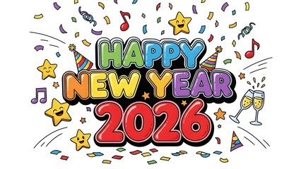 A colorful cartoon illustration celebrating Happy New Year 2026 with confetti, stars, and champagne.