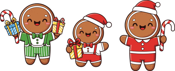 Fototapeta premium Festive Gingerbread Characters Holding Gifts and Candy Canes in Christmas Outfits for Holiday Celebration, Cute Cartoon Vector Illustration Design