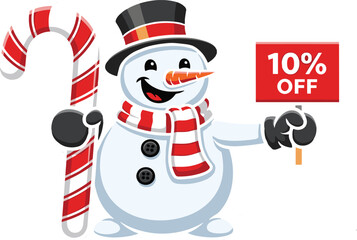 Festive snowman holding candy cane and discount sign with cheerful smile, winter scarf, top hat, and Christmas holiday vector illustration