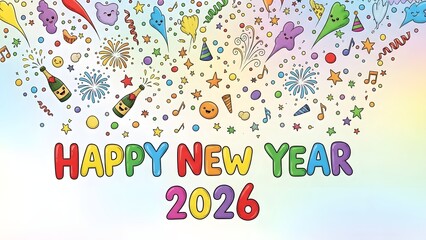 Colorful Happy New Year 2026 celebration with confetti, champagne, fireworks, and festive cartoon elements on a rainbow background.