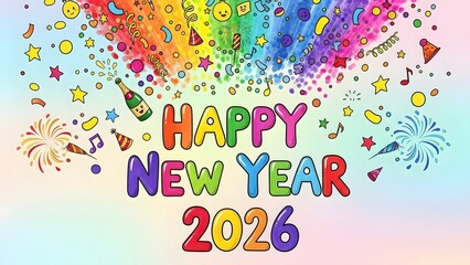 Colorful illustration celebrating the arrival of the new year, with vibrant text and festive decorations.