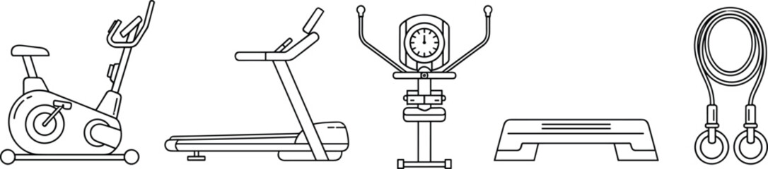 Minimalist black and white vector illustration of five essential gym workout equipment for fitness, cardio, strength, and home exercise training