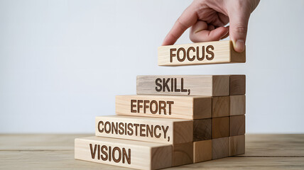 Hand placing focus block atop skill, effort, consistency, vision steps to success
