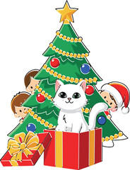 White cat in gift box near Christmas tree with children peeking, festive holiday scene, joyful winter celebration vector illustration