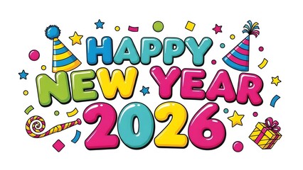 Colorful Happy New Year 2026 graphic with party hats, confetti, noisemaker, and gift box.