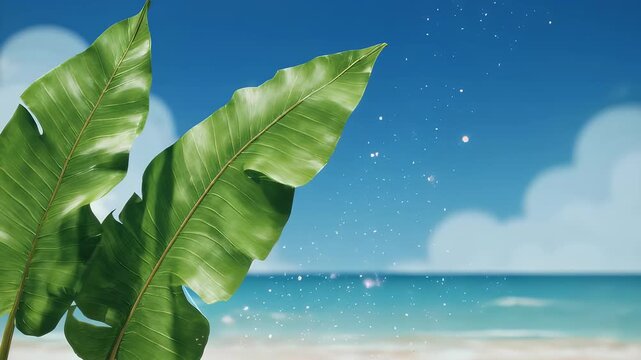 Lush green leaves frame a serene beach scene, with sparkling elements adding magic to the blue sky