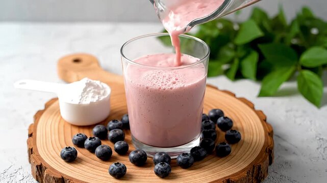 Pouring creamy pink blueberry smoothie into glass on wooden board surrounded by fresh berries and protein powder scoop for healthy fitness breakfast and nutritious energy recovery drink concept
