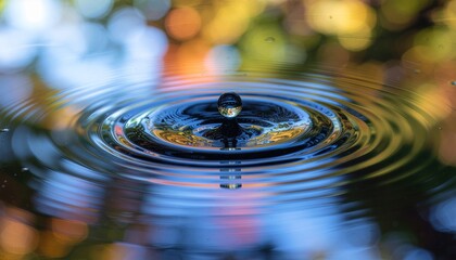 A serene moment frozen in time as a water drop hits the surface, creating expanding rings and reflecting a vibrant, blurred fall background
