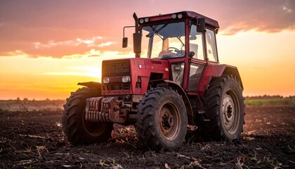 Obraz premium Tractor at Sunset Field.
